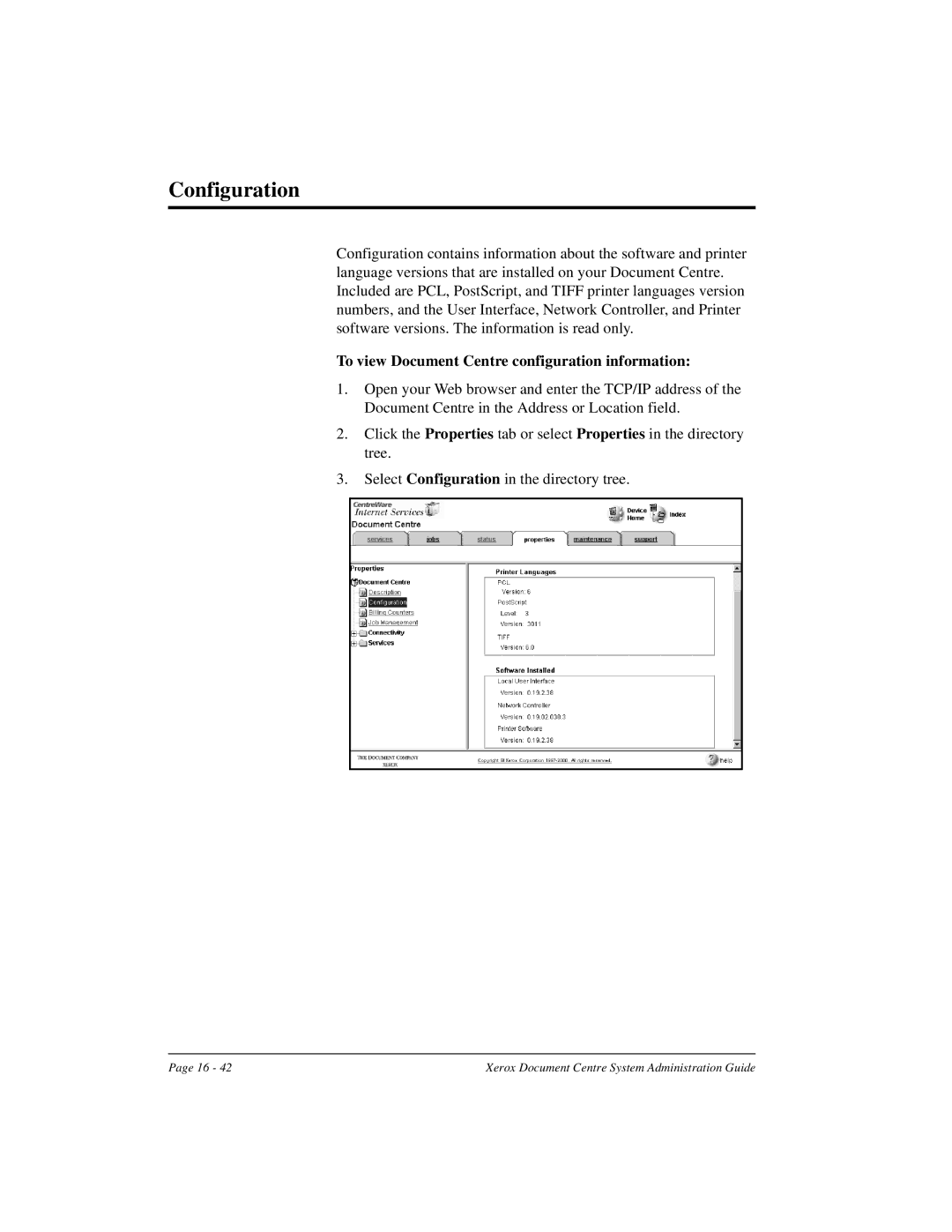 Xerox 490 ST, 480 ST manual Configuration, To view Document Centre configuration information 