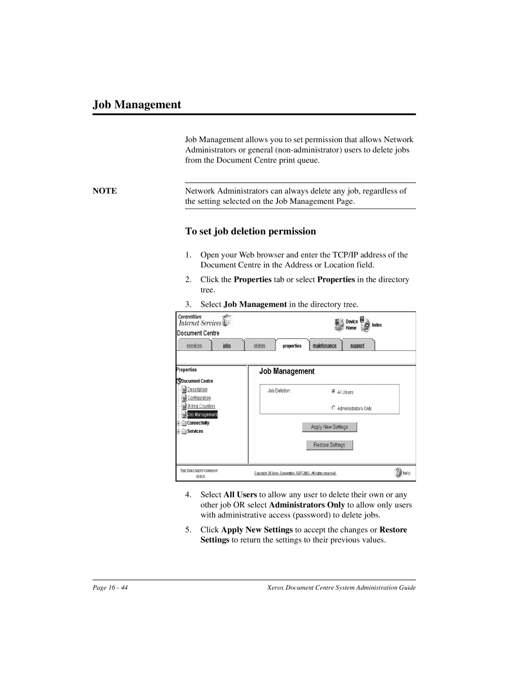 Xerox 490 ST, 480 ST manual Job Management, To set job deletion permission 