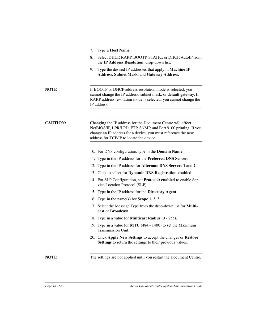 Xerox 490 ST, 480 ST Type a Host Name, IP Address Resolution drop-down list, Address, Subnet Mask, and Gateway Address 