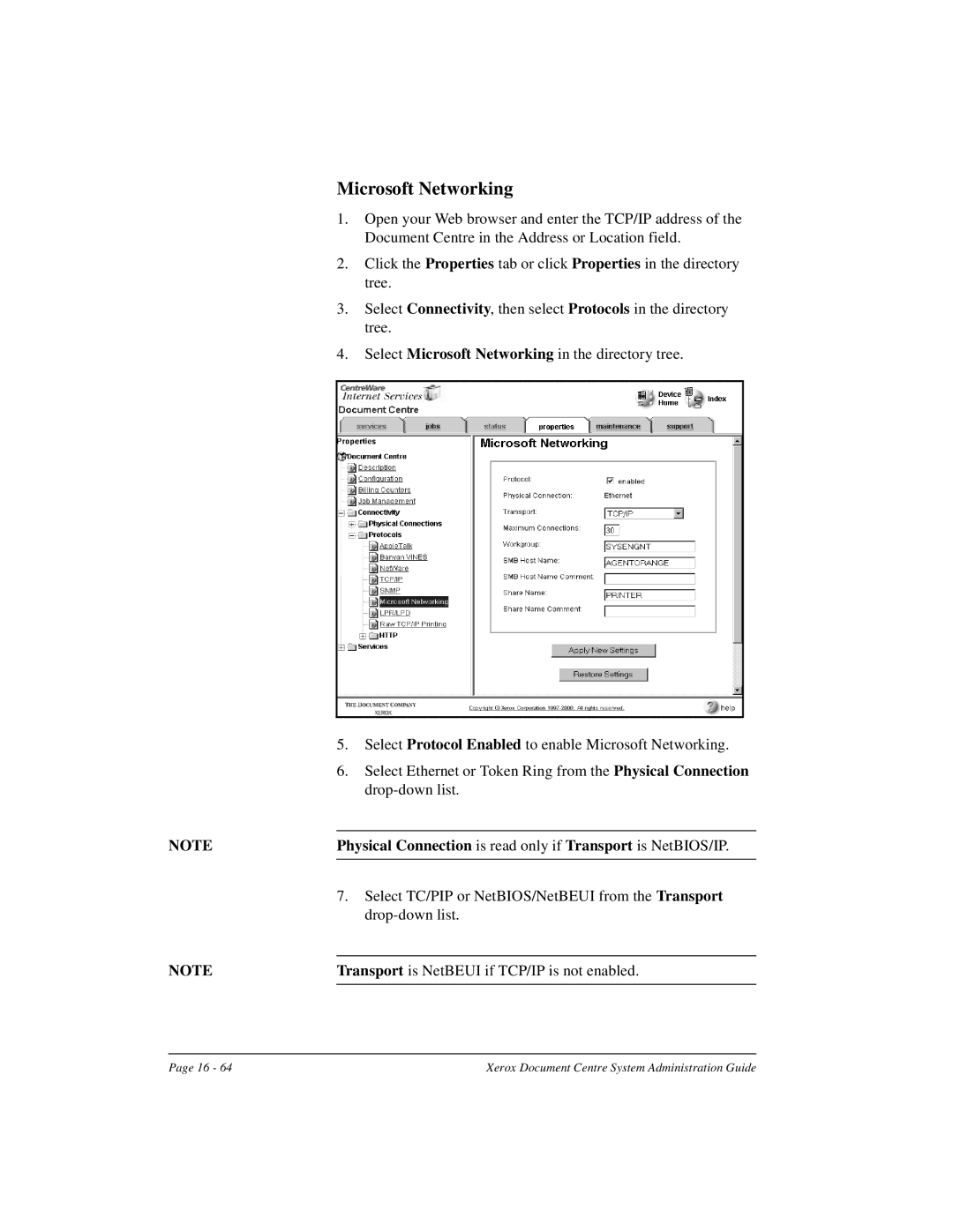 Xerox 490 ST, 480 ST manual Microsoft Networking, Physical Connection is read only if Transport is NetBIOS/IP 