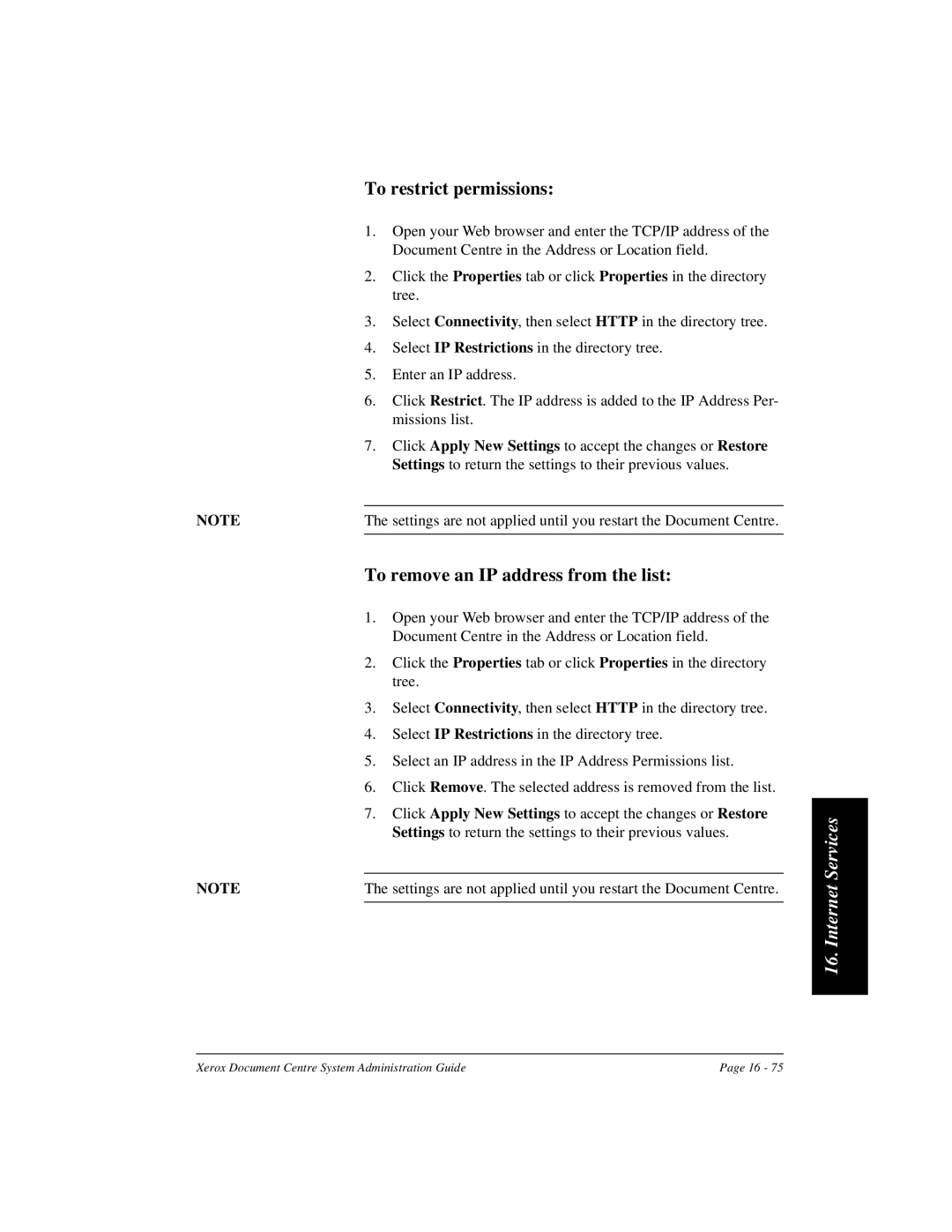 Xerox 480 ST, 490 ST manual To restrict permissions, To remove an IP address from the list 