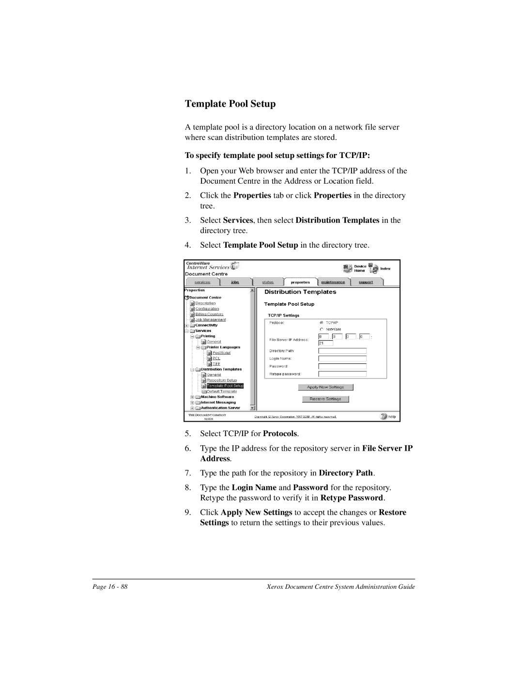 Xerox 490 ST, 480 ST manual Template Pool Setup, To specify template pool setup settings for TCP/IP 