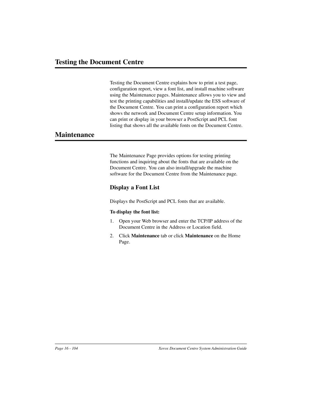 Xerox 490 ST, 480 ST manual Testing the Document Centre, Maintenance, Display a Font List, To display the font list 