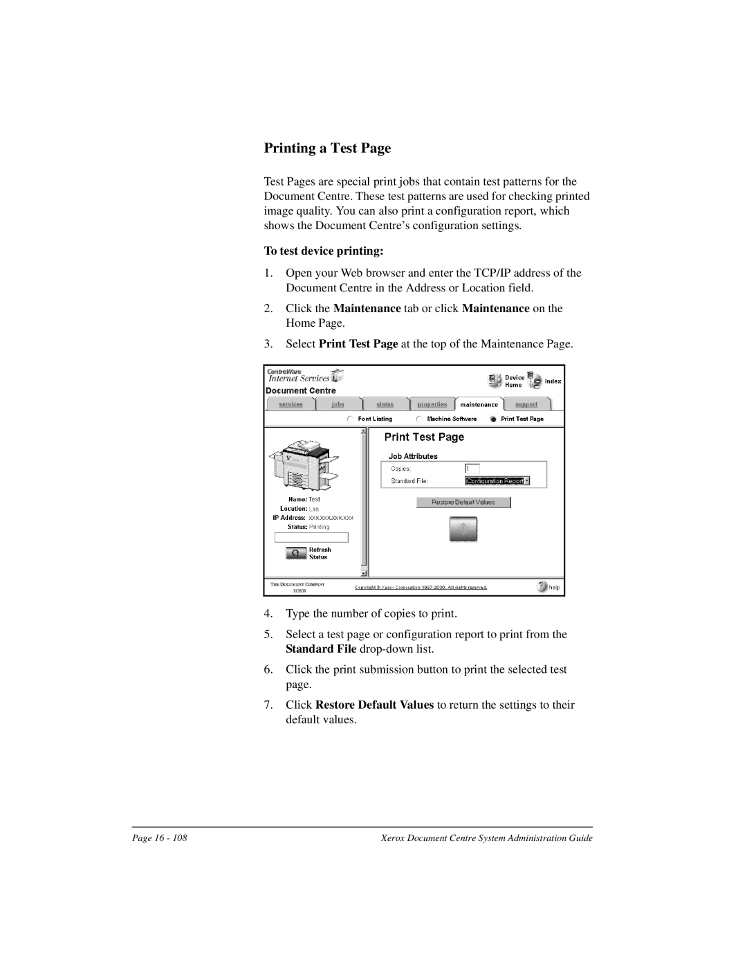 Xerox 490 ST, 480 ST manual Printing a Test, To test device printing 