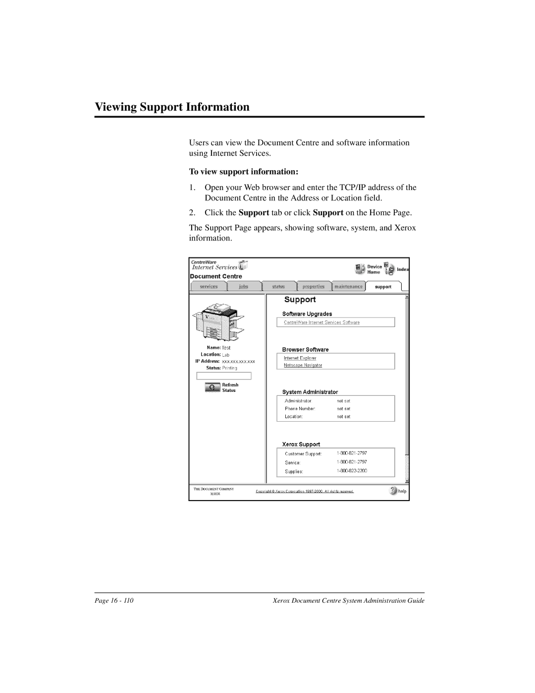 Xerox 490 ST, 480 ST manual Viewing Support Information, To view support information 