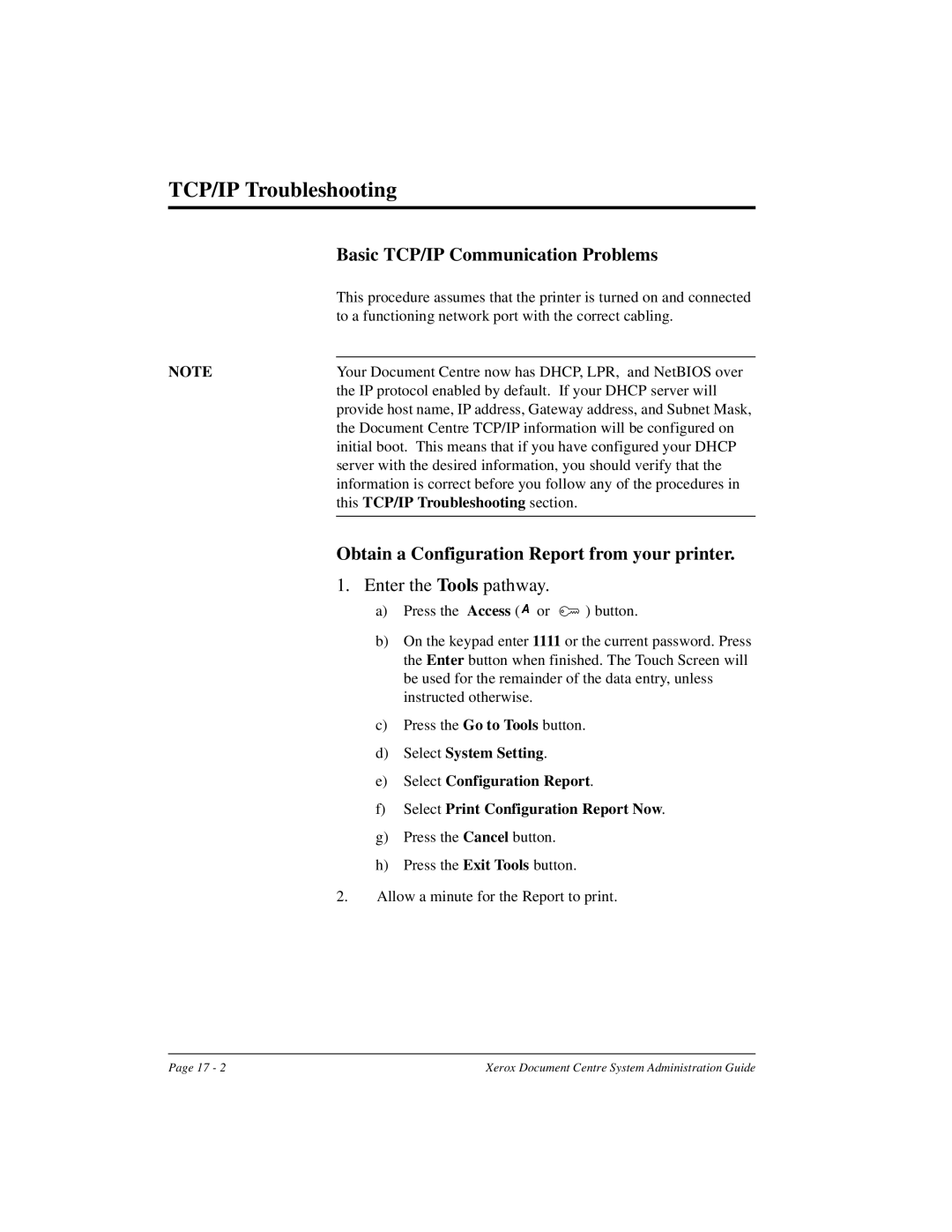 Xerox 490 ST TCP/IP Troubleshooting, Basic TCP/IP Communication Problems, Obtain a Configuration Report from your printer 