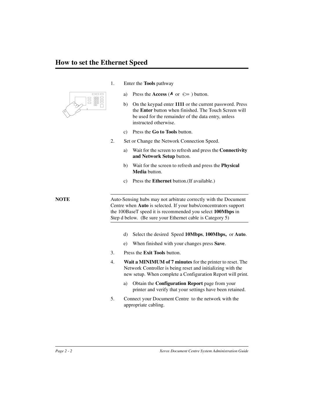 Xerox 490 ST, 480 ST manual How to set the Ethernet Speed, Network Setup button, Speed 10Mbps, 100Mbps, or Auto 