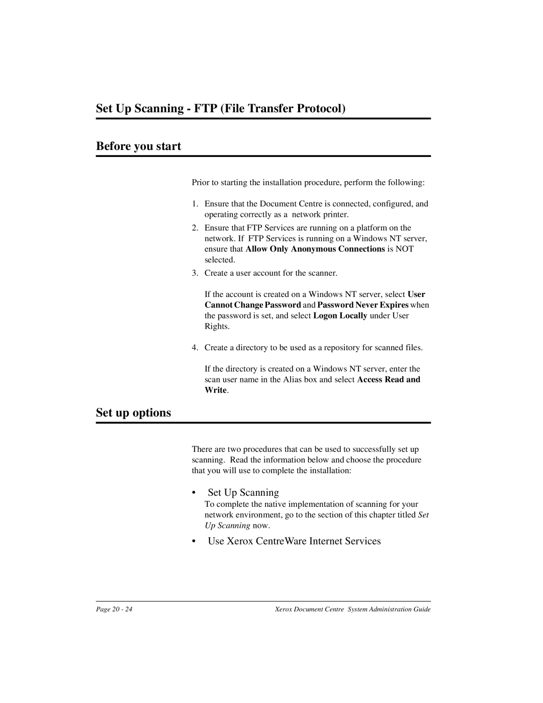 Xerox 490 ST, 480 ST manual Set Up Scanning FTP File Transfer Protocol Before you start, Set up options 