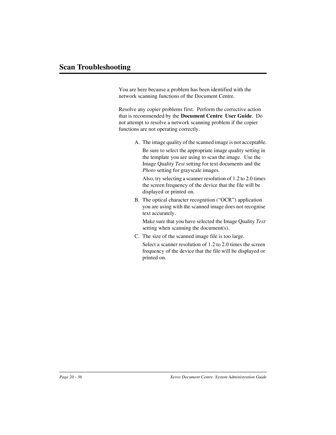 Xerox 490 ST, 480 ST manual Scan Troubleshooting 