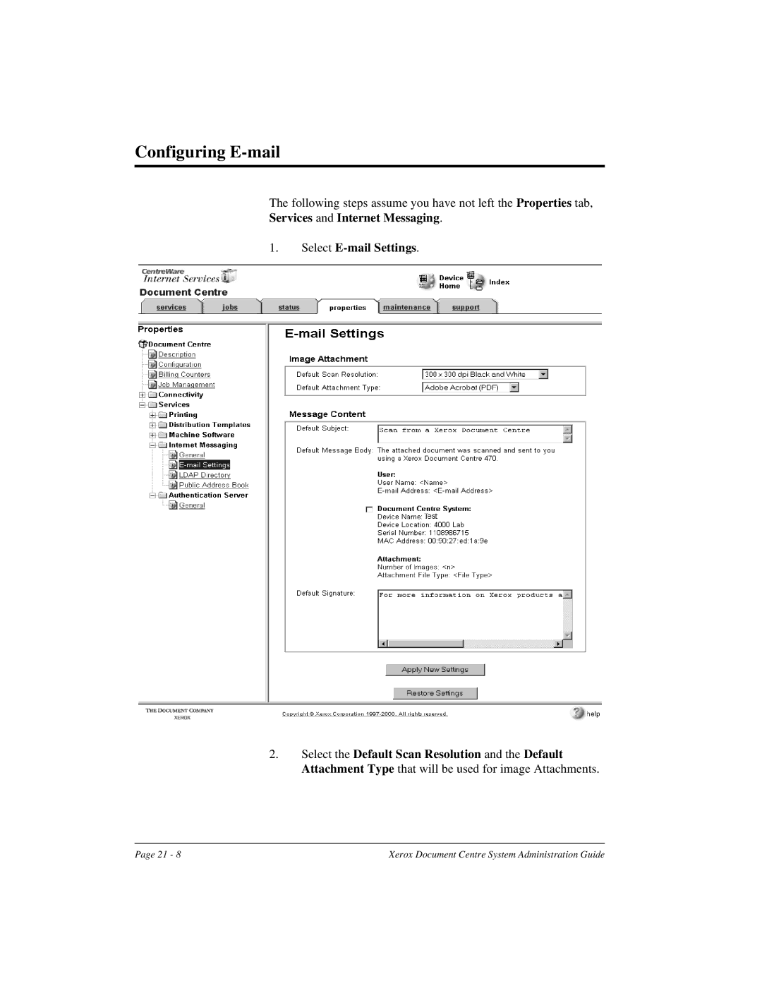 Xerox 490 ST, 480 ST manual Configuring E-mail 