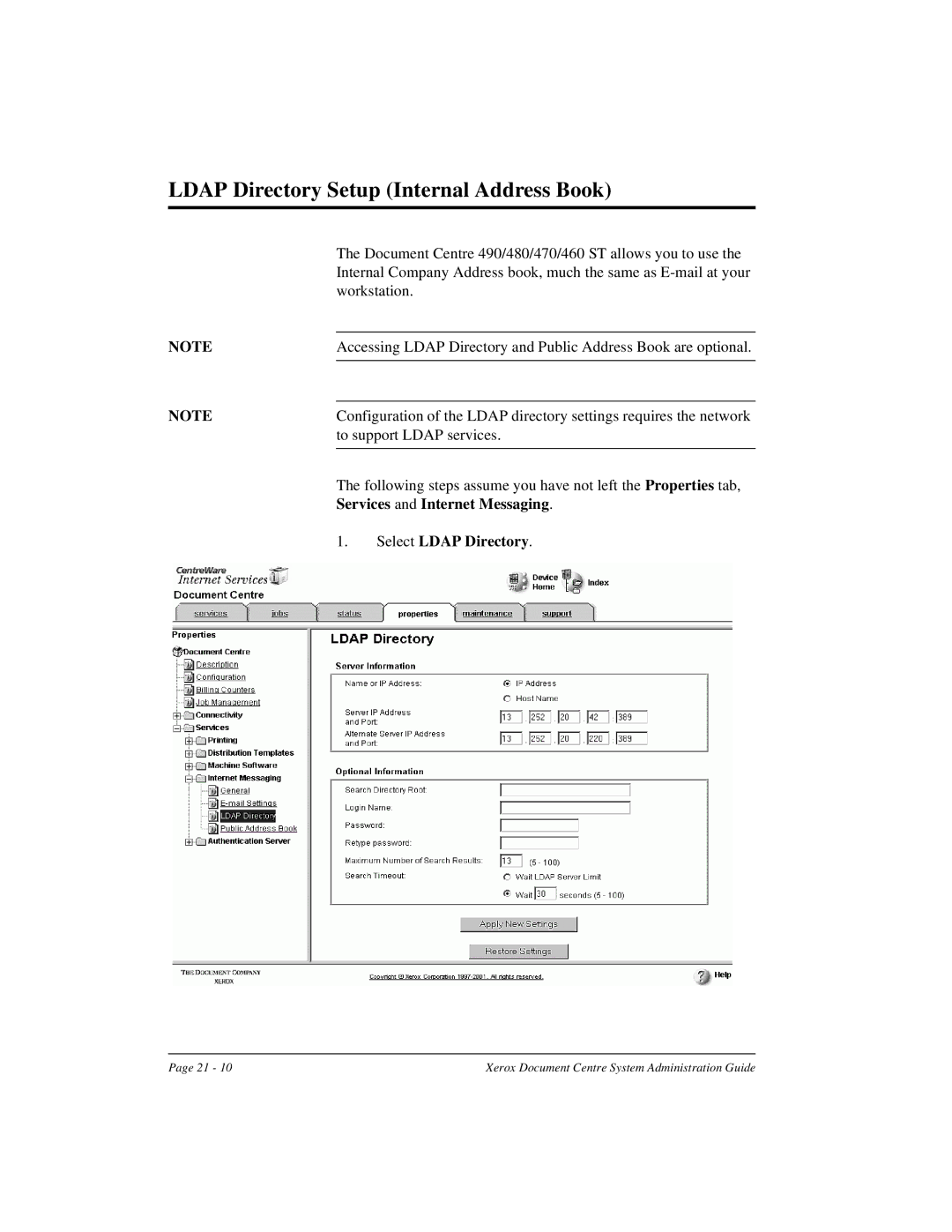 Xerox 490 ST, 480 ST Ldap Directory Setup Internal Address Book, Services and Internet Messaging, Select Ldap Directory 