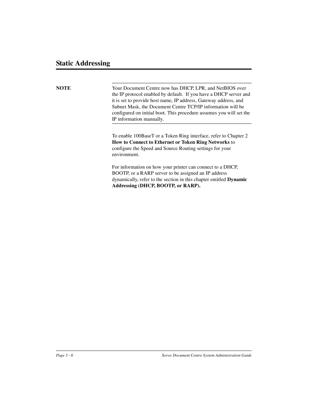 Xerox 490 ST Static Addressing, How to Connect to Ethernet or Token Ring Networks to, Addressing DHCP, BOOTP, or Rarp 