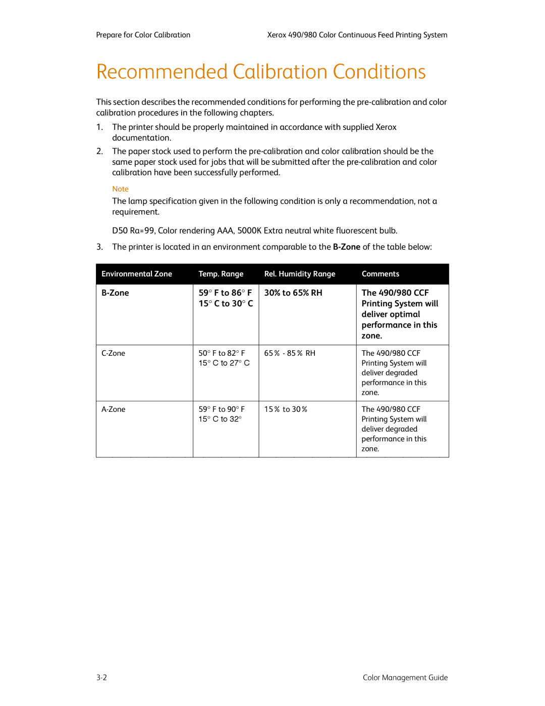 Xerox 490 manual Recommended Calibration Conditions 