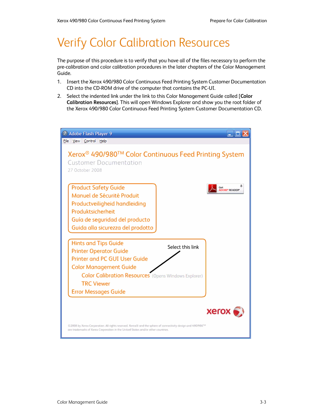 Xerox 490 manual Verify Color Calibration Resources, Select this link 