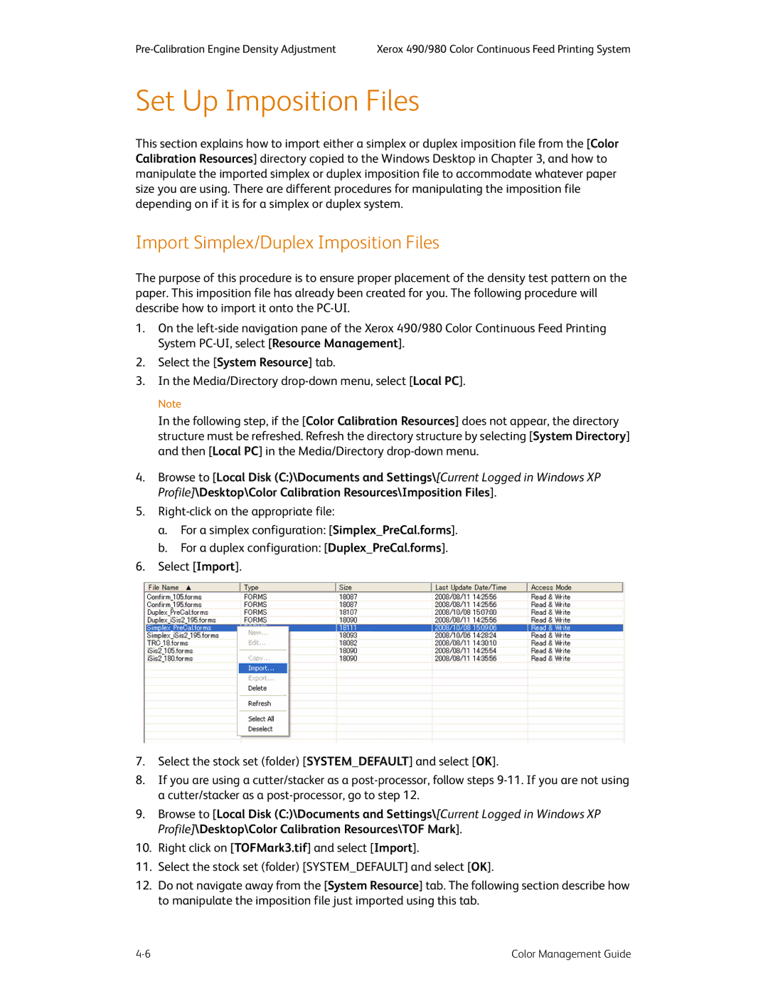 Xerox 490 manual Set Up Imposition Files, Import Simplex/Duplex Imposition Files 