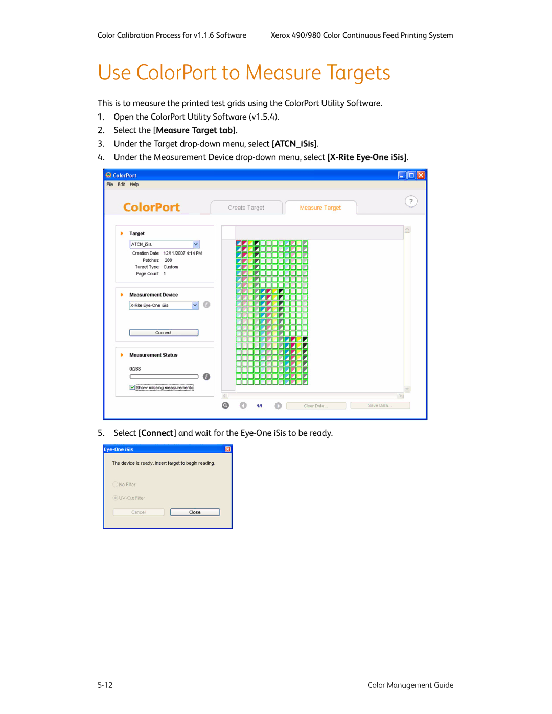 Xerox 490 manual Use ColorPort to Measure Targets, Select the Measure Target tab 