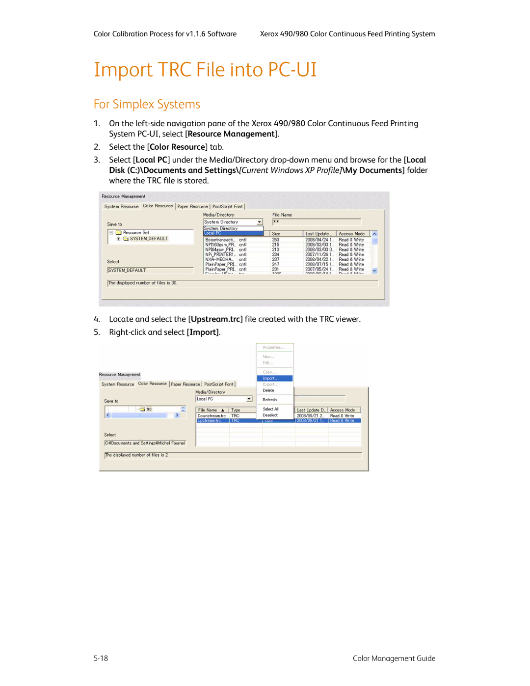 Xerox 490 manual Import TRC File into PC-UI, For Simplex Systems 