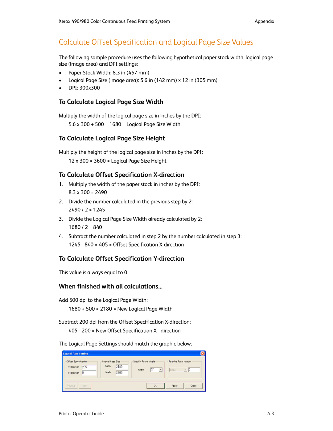 Xerox 490 manual Calculate Offset Specification and Logical Page Size Values 