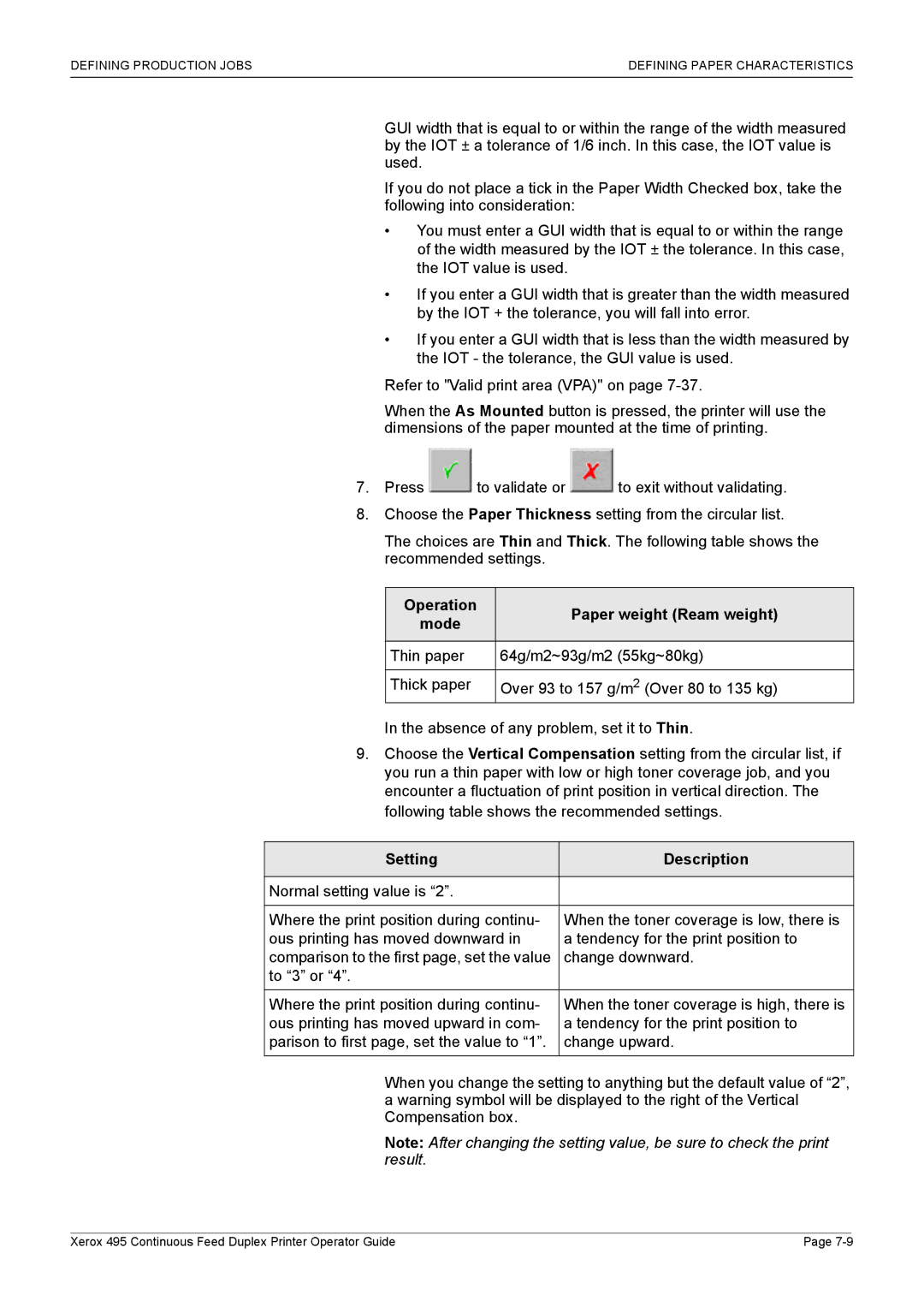 Xerox 495 manual Operation Paper weight Ream weight, Setting Description 