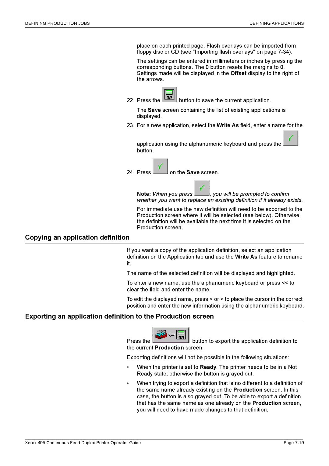 Xerox 495 manual Copying an application definition, Exporting an application definition to the Production screen 