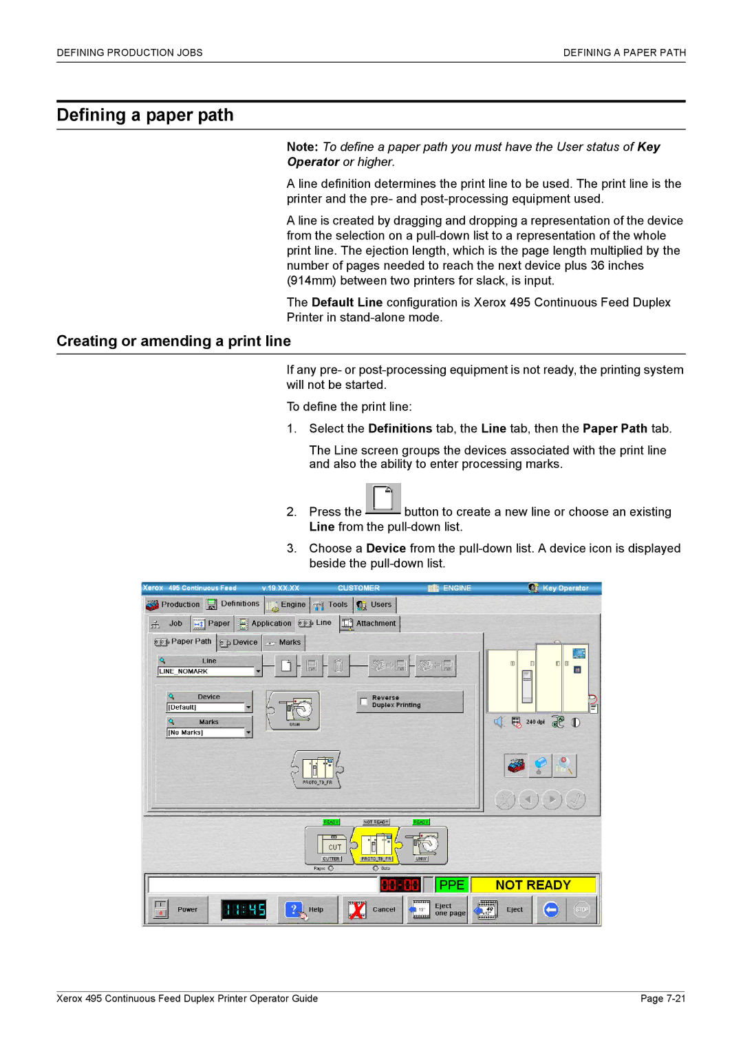 Xerox 495 manual Defining a paper path, Creating or amending a print line 