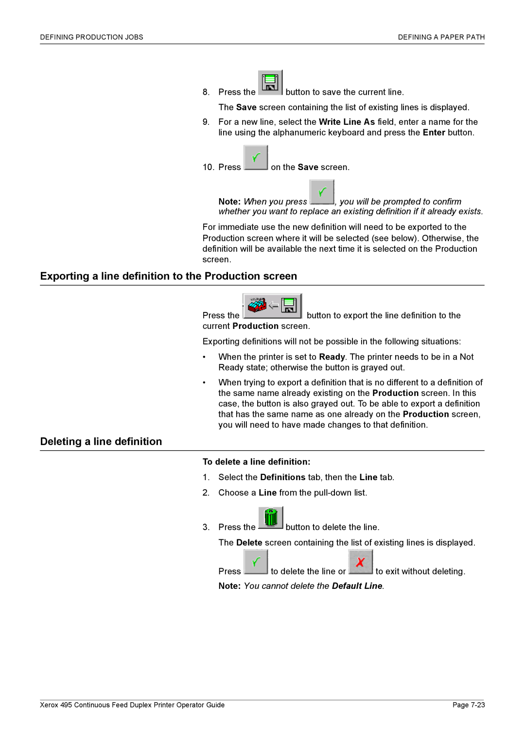 Xerox 495 Exporting a line definition to the Production screen, Deleting a line definition, To delete a line definition 