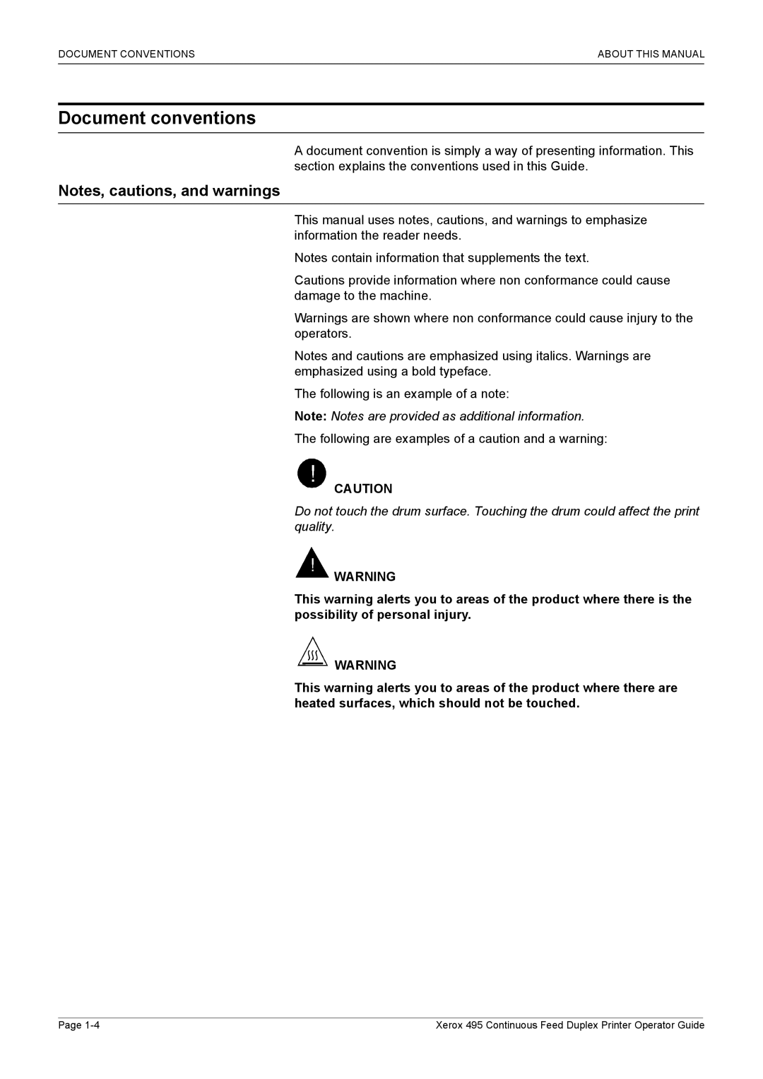 Xerox 495 manual Document conventions 