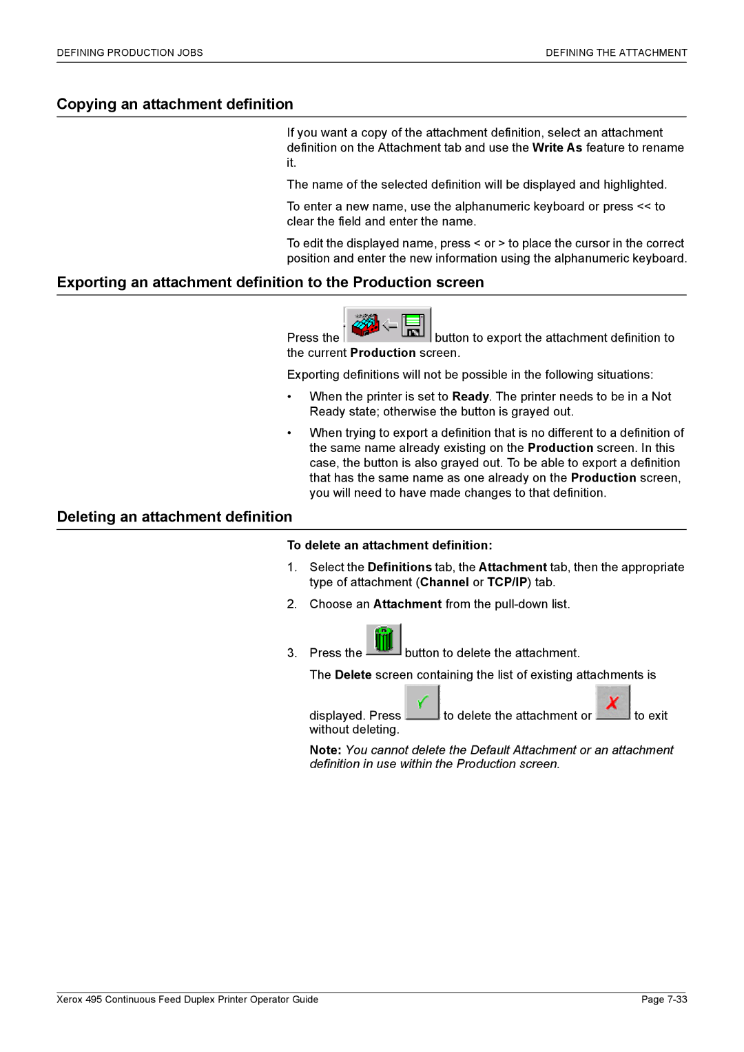 Xerox 495 manual Copying an attachment definition, Exporting an attachment definition to the Production screen 