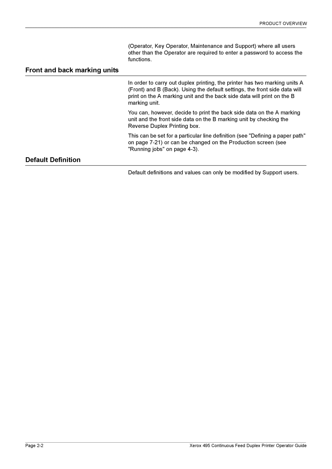 Xerox 495 manual Front and back marking units, Default Definition 