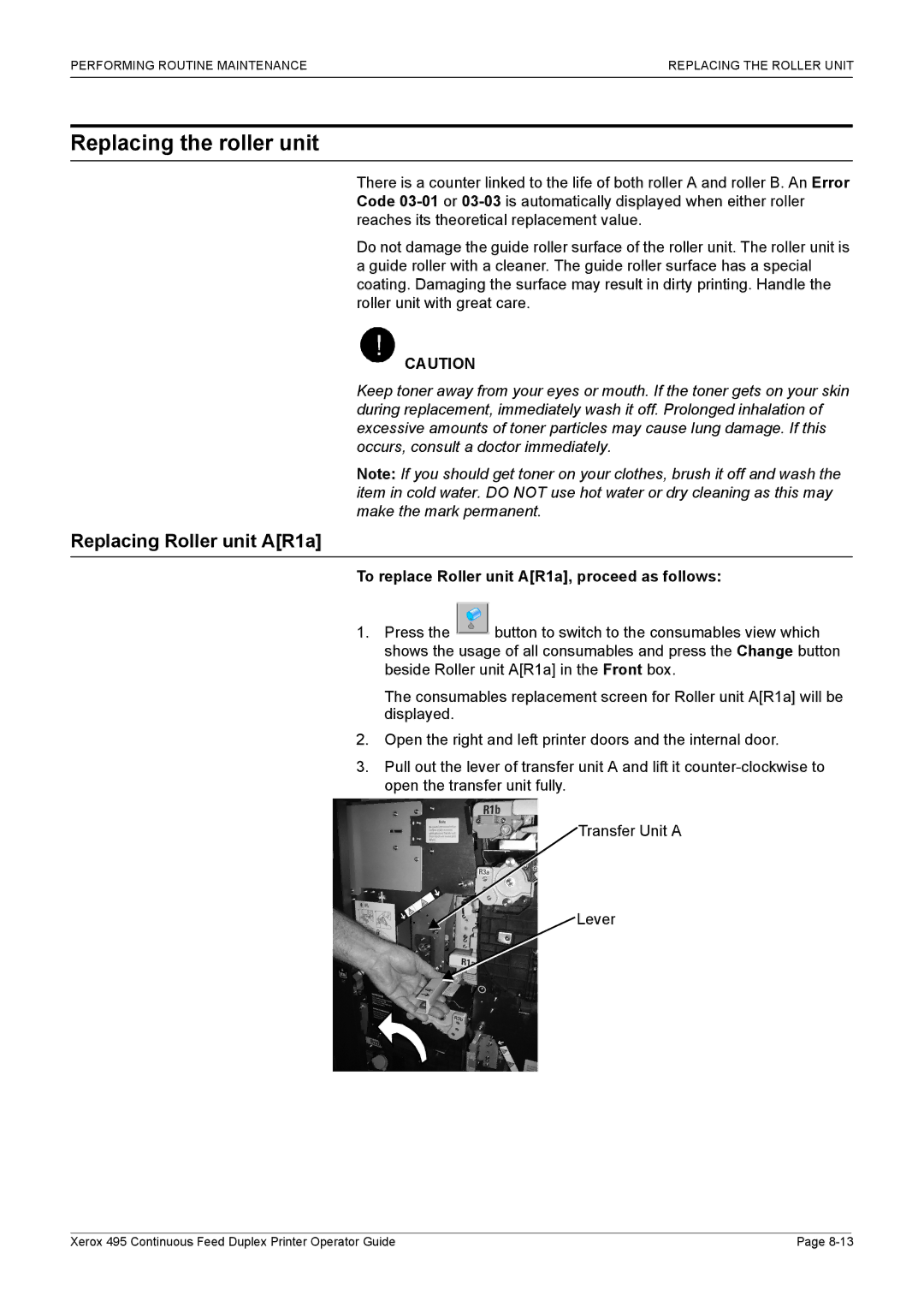 Xerox 495 manual Replacing the roller unit, Replacing Roller unit AR1a, To replace Roller unit AR1a, proceed as follows 