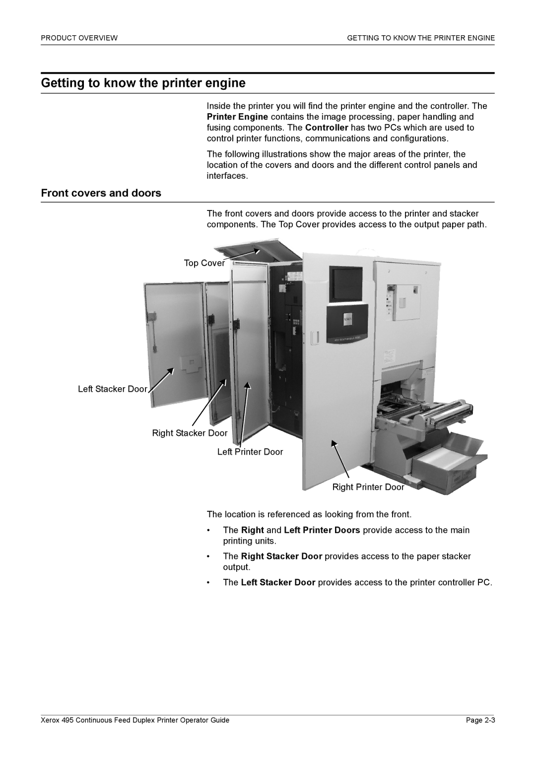 Xerox 495 manual Getting to know the printer engine, Front covers and doors 