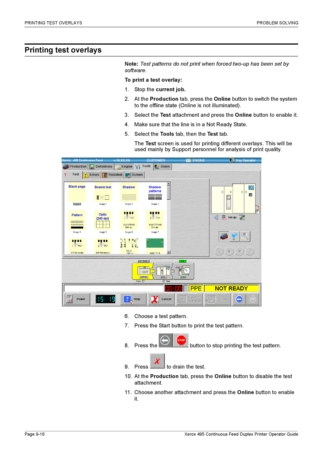 Xerox 495 manual Printing test overlays, To print a test overlay Stop the current job 