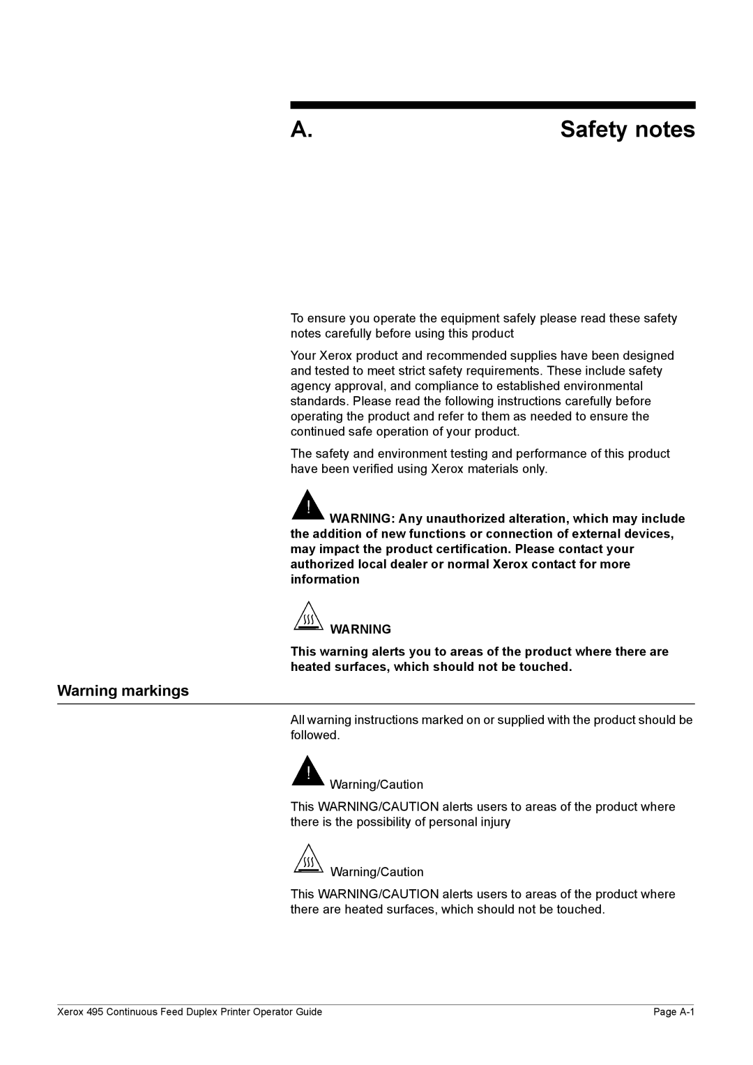 Xerox 495 manual Safety notes 