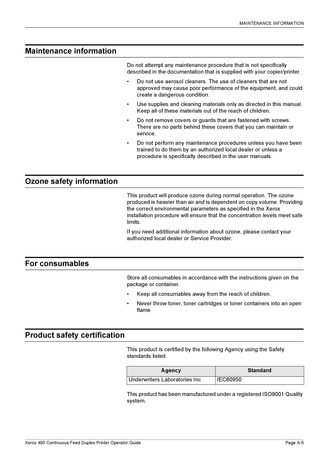 Xerox 495 manual Maintenance information, Ozone safety information, For consumables, Product safety certification 