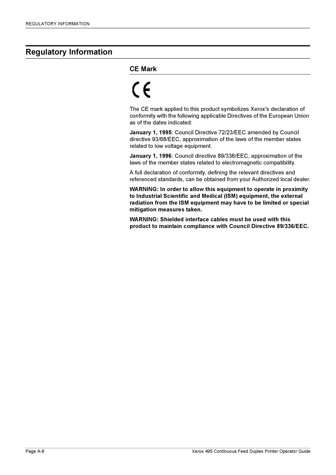 Xerox 495 manual Regulatory Information, CE Mark 