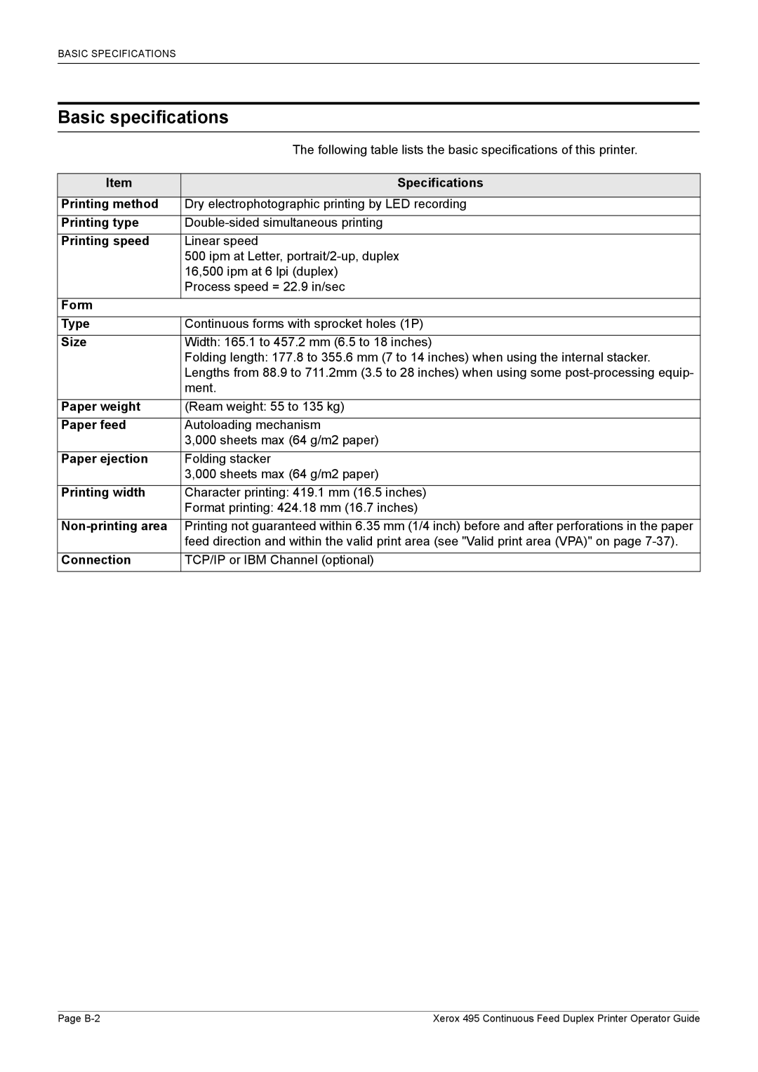 Xerox 495 manual Basic specifications 