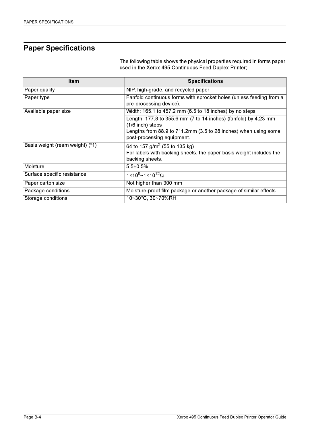 Xerox 495 manual Paper Specifications 