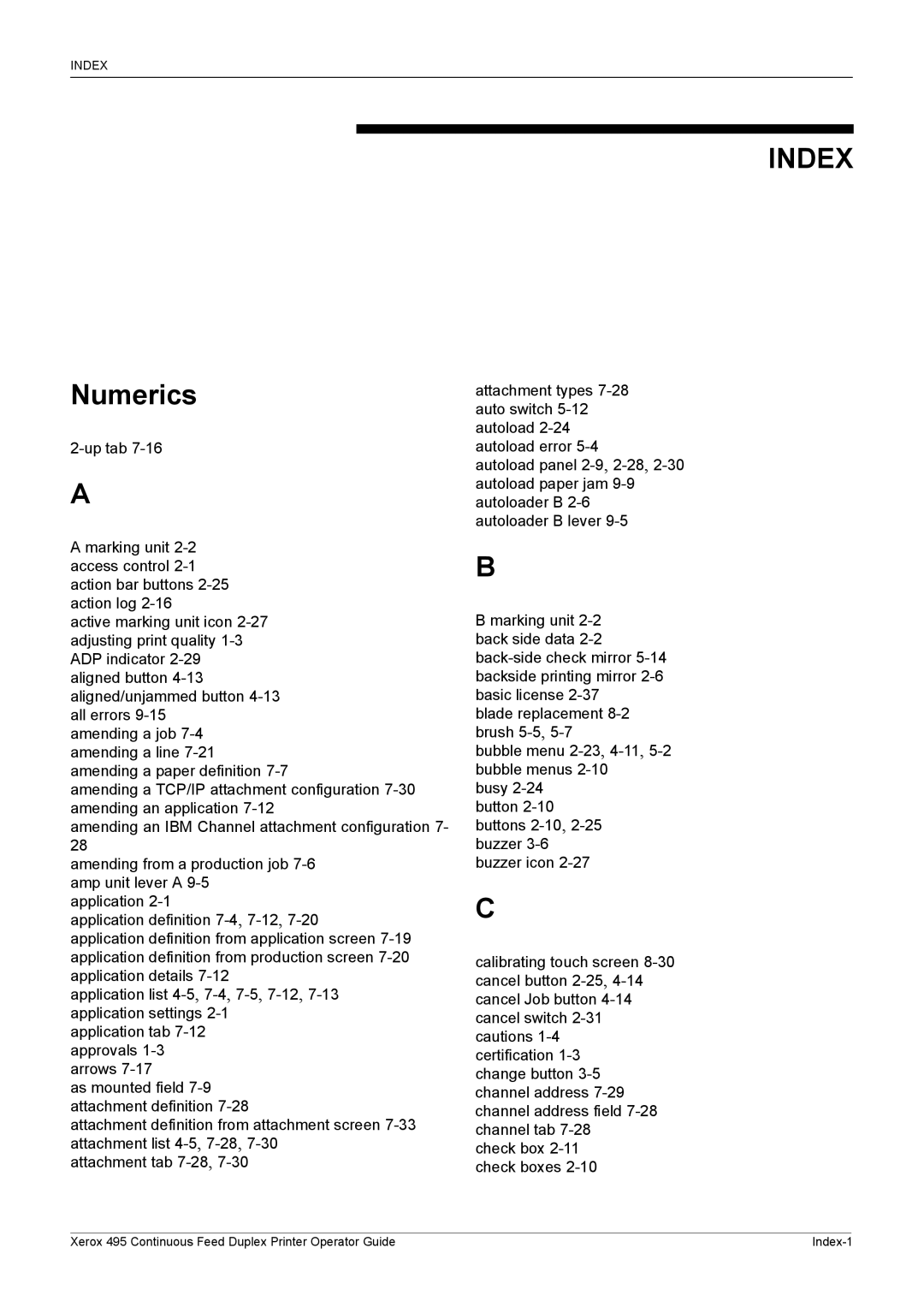 Xerox 495 manual Index 