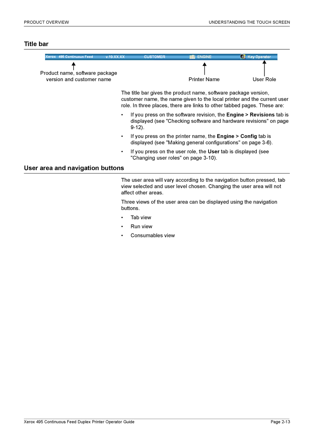 Xerox 495 manual Title bar, User area and navigation buttons 