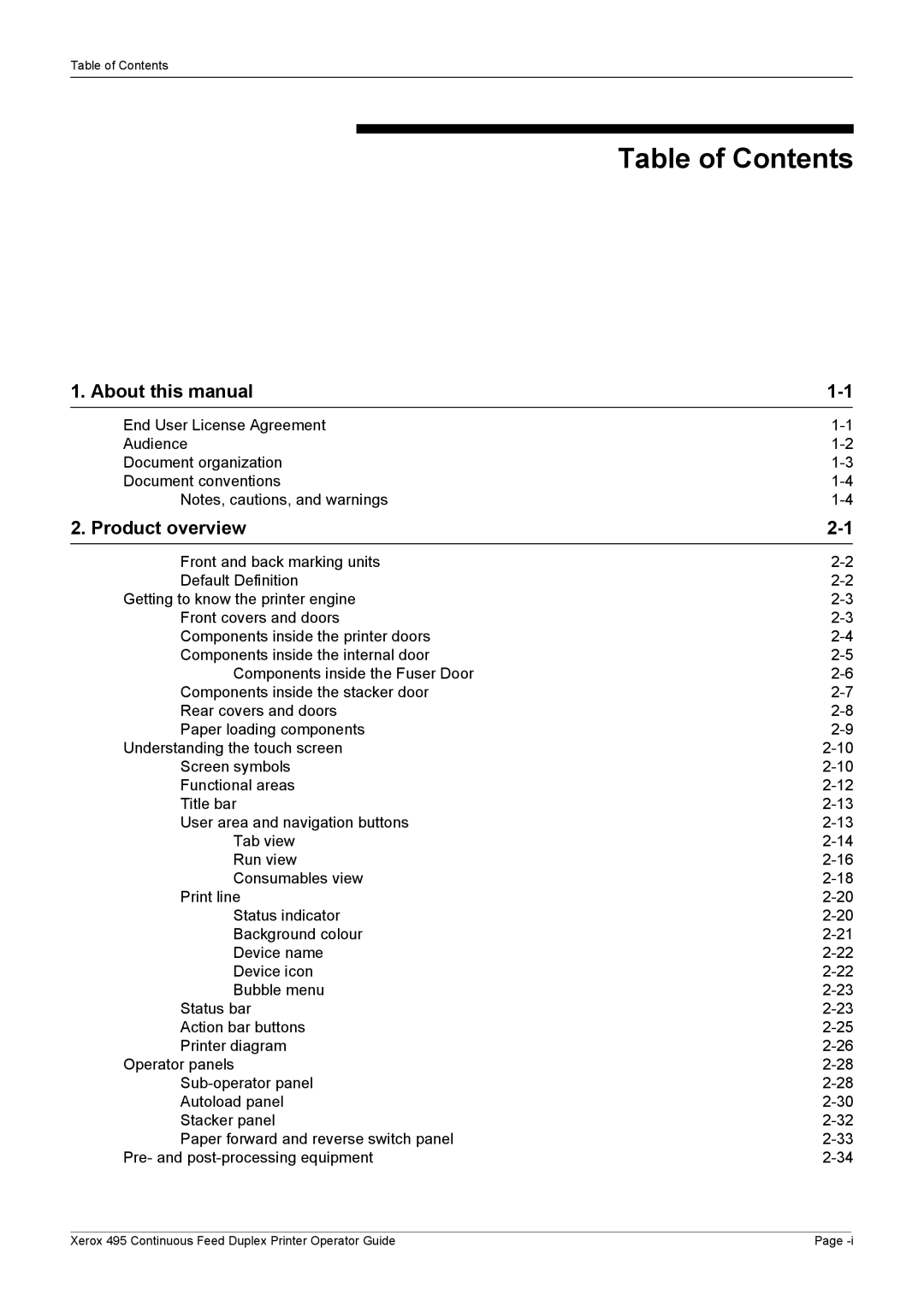 Xerox 495 manual Table of Contents 