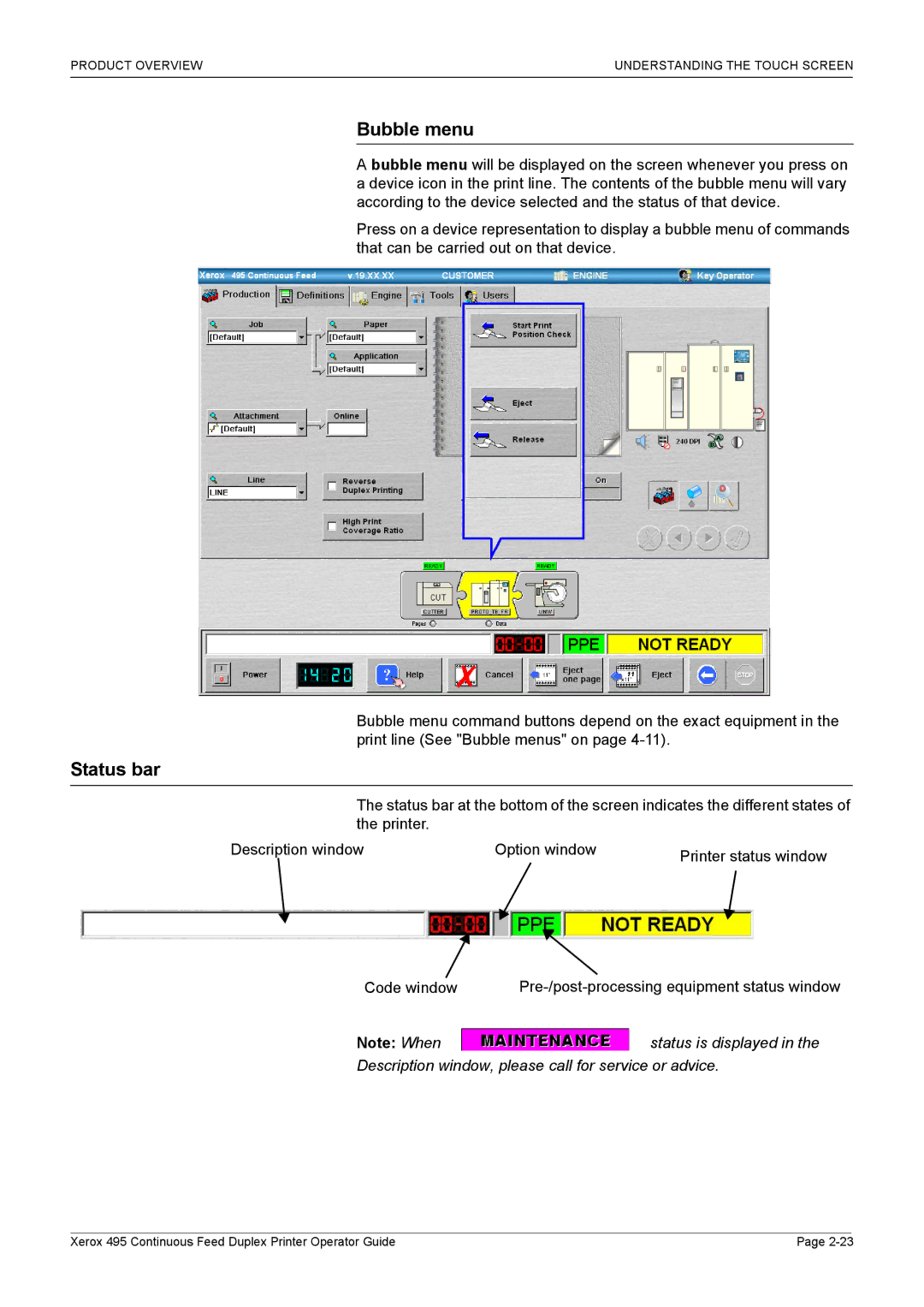 Xerox 495 manual Bubble menu, Status bar 