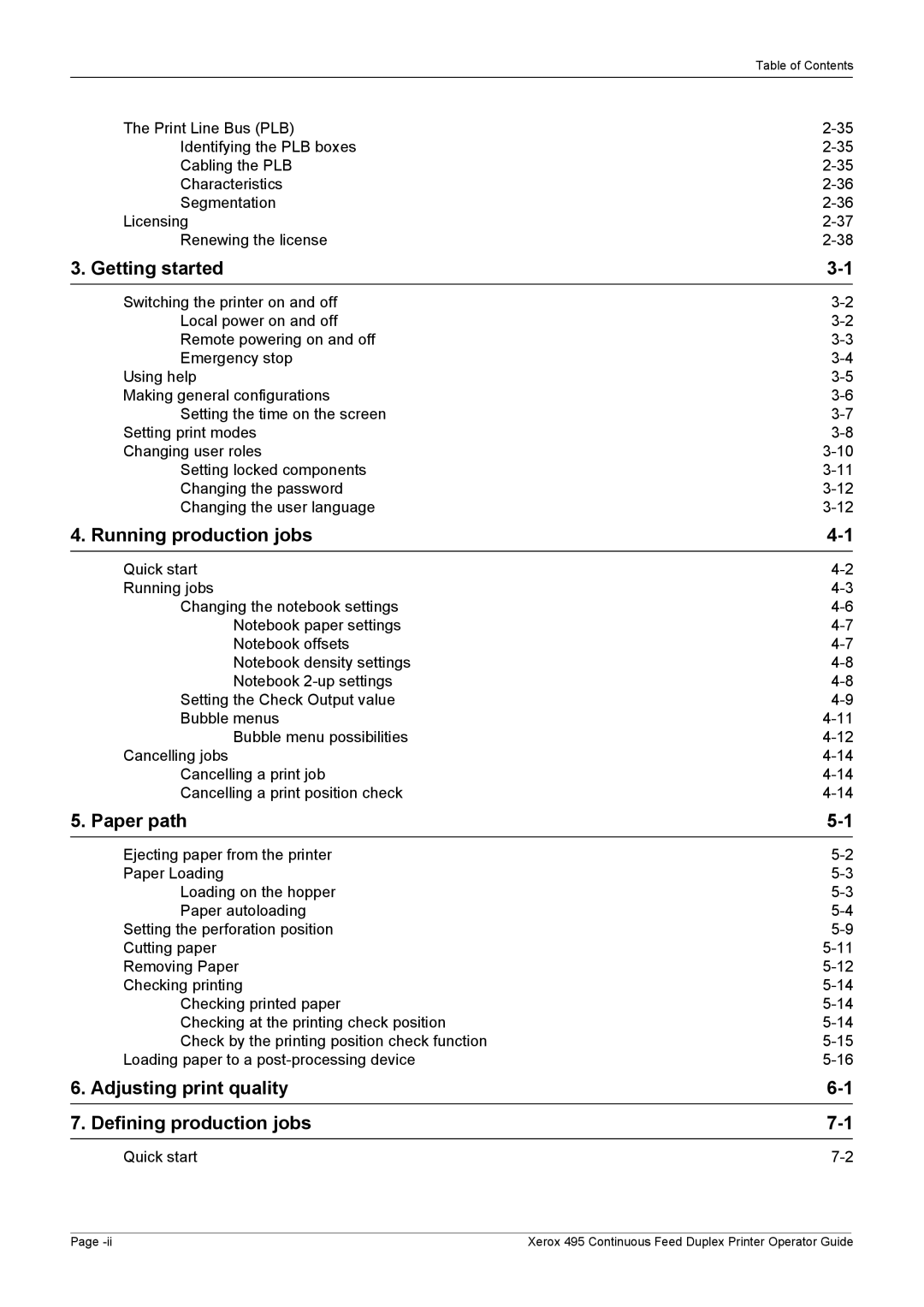 Xerox 495 manual Getting started, Running production jobs, Paper path, Adjusting print quality Defining production jobs 