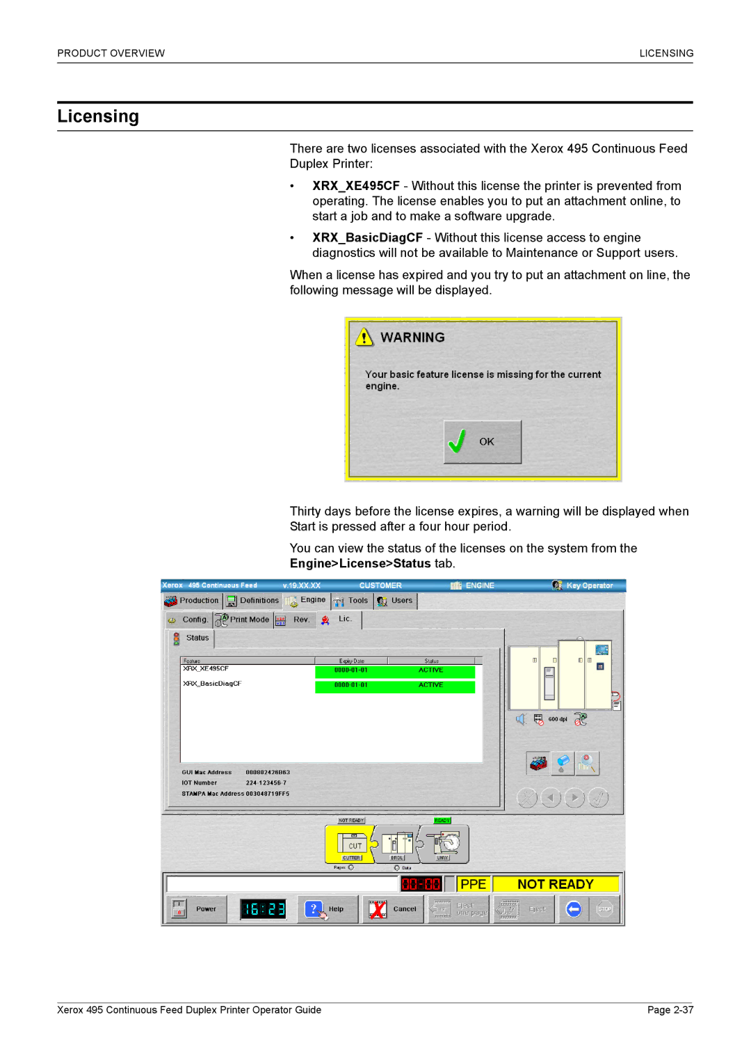 Xerox 495 manual Licensing, EngineLicenseStatus tab 