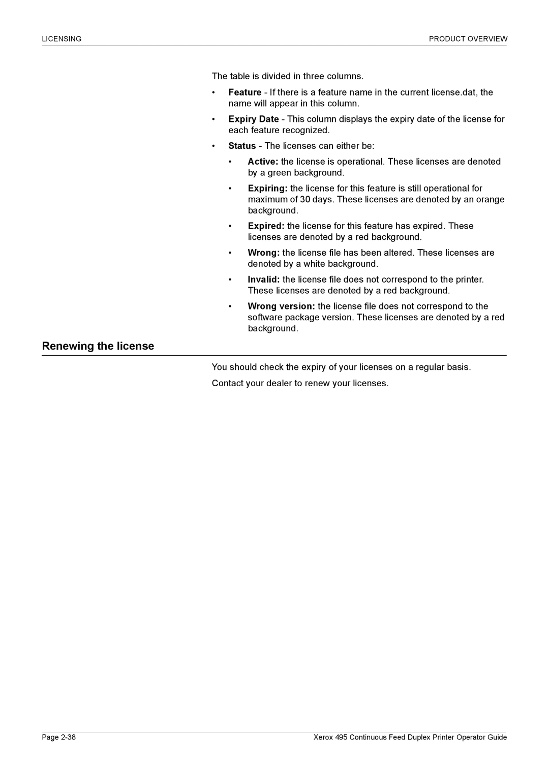 Xerox 495 manual Renewing the license 