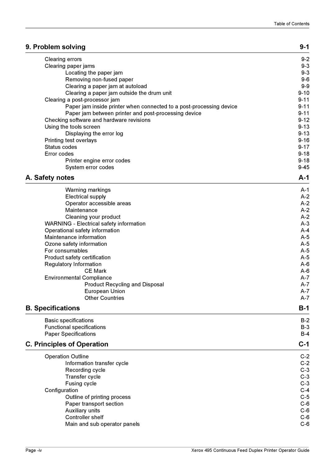 Xerox 495 manual Problem solving, Safety notes, Specifications, Principles of Operation 