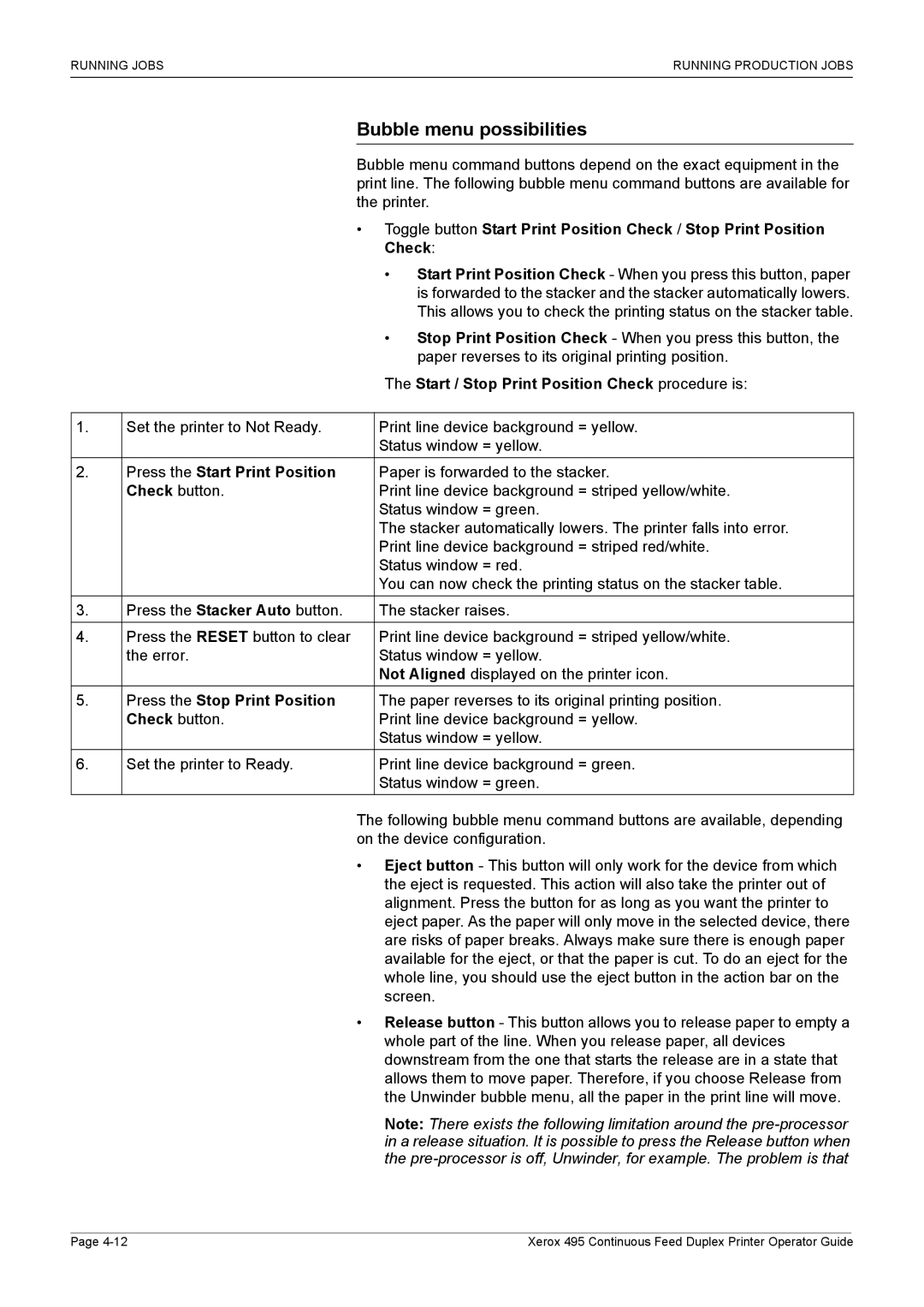 Xerox 495 manual Bubble menu possibilities, Start / Stop Print Position Check procedure is, Press the Start Print Position 