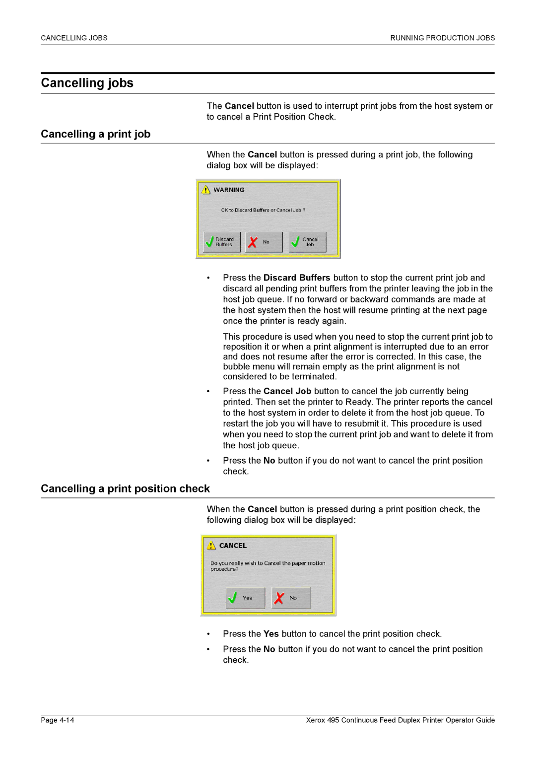 Xerox 495 manual Cancelling jobs, Cancelling a print job, Cancelling a print position check 