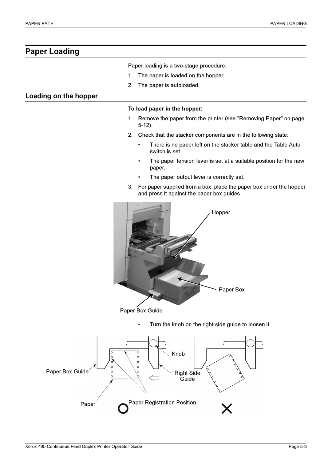 Xerox 495 manual Paper Loading, Loading on the hopper, To load paper in the hopper 