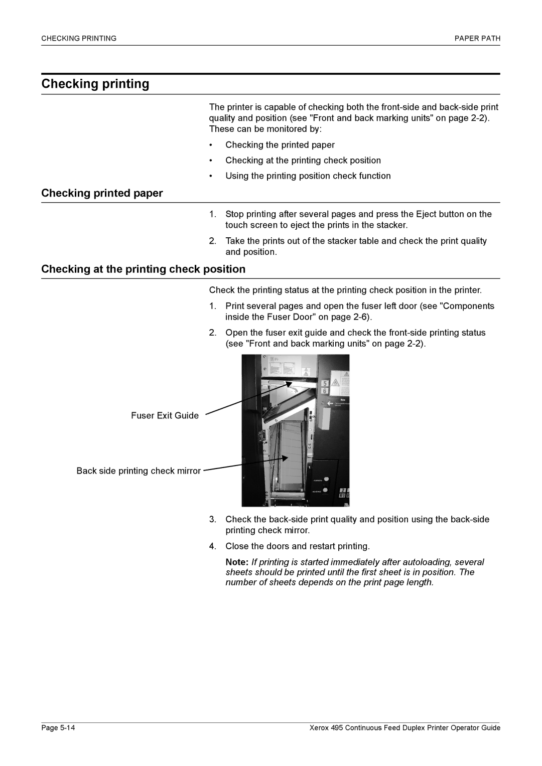 Xerox 495 manual Checking printing, Checking printed paper, Checking at the printing check position 