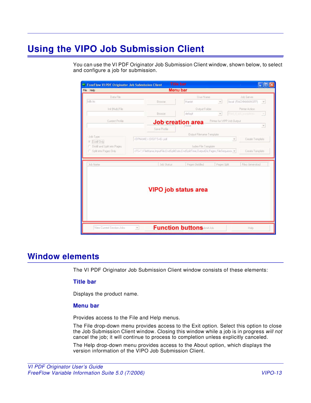 Xerox 5 manual Using the Vipo Job Submission Client, Window elements, Title bar, Menu bar, VIPO-13 